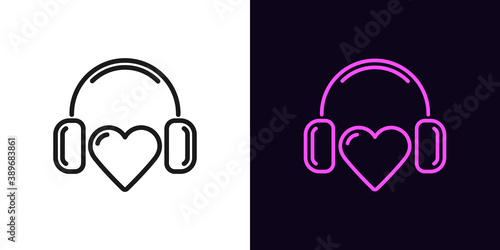 Outline music heart icon with editable stroke. Linear heart sign with headphones, heartbeat melody