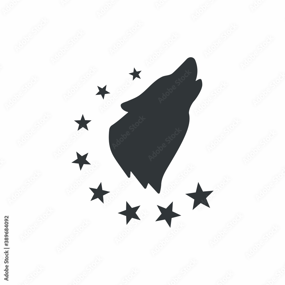 Fototapeta premium Black and white illustration of a wolf, stars on a white background. Vector illustration for logo, emblems, stickers. Logo on a sports theme.