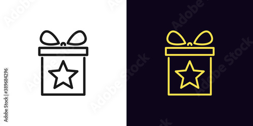 Outline gift box icon. Linear present with star, magic gift with editable stroke