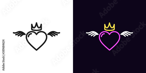 Outline king or queen heart, icon with editable stroke. Linear royal heart with crown and wings