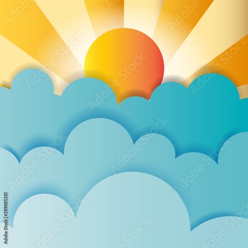 Colorful paper cut fluffy clouds and sun with rays in the blue sky. Modern 3d paper art style. Vector illustration of cloudscape, sunny day