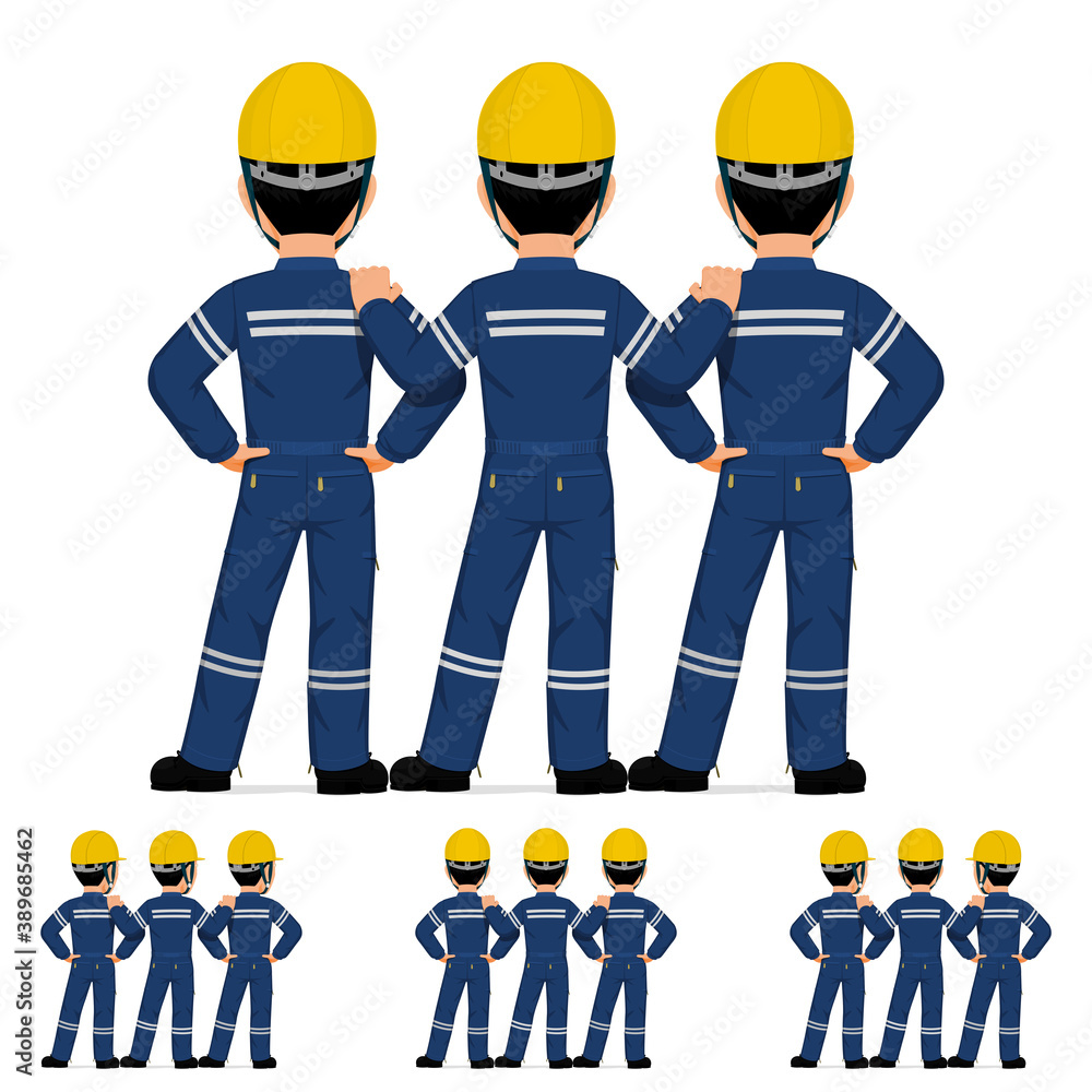Three industrial worker standing together on white background Three industrial worker standing together on white background