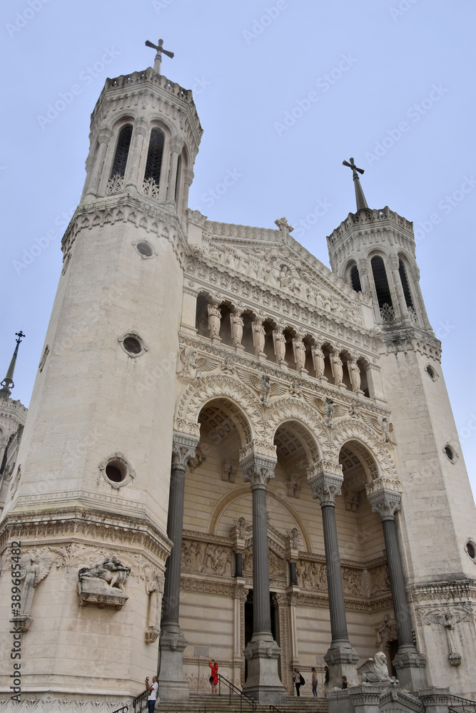 Main entrance of the Basilica of Notre-Dame de Fourviere in Lyon, Rhone-Alpes, France
