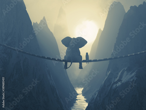 Elephant and Dog sit on a bridge over a precipice