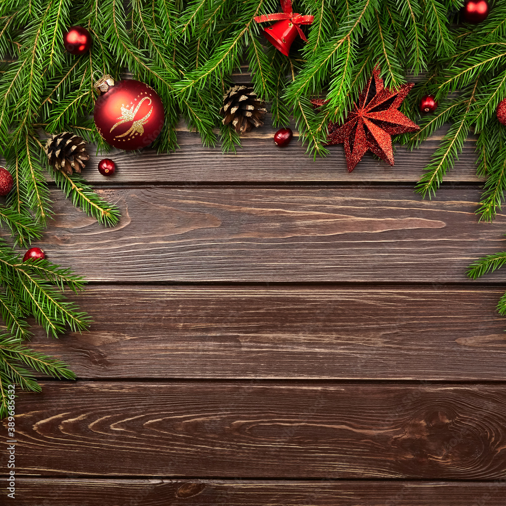 Christmas frame on dark wooden background with copy space Christmas frame on dark wooden background with copy space