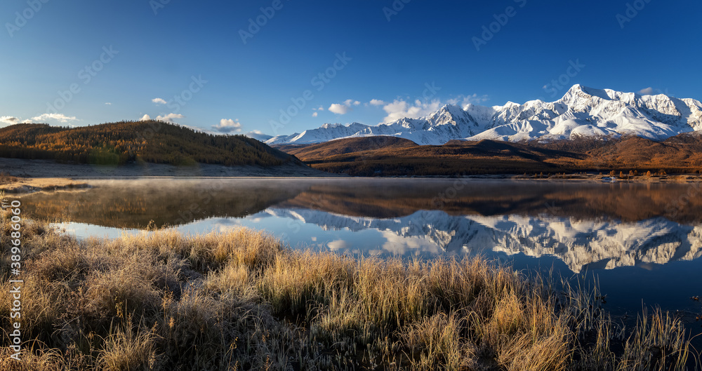 panorama in autumn lake Garyscale, Russia, Altay