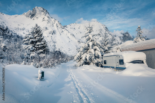 Wonderful winter view of Lofoten Island. Spectacular morning scene of Norway, Europe. Snowy landscape of mountain village. Traveling concept background. Life over polar circle.