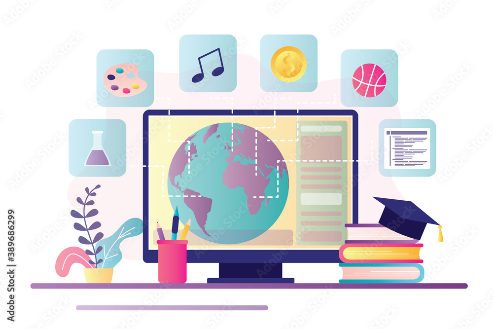 Online education in global world, e-learning concept. Monitor with earth planet. Various education icons, books and graduate hat