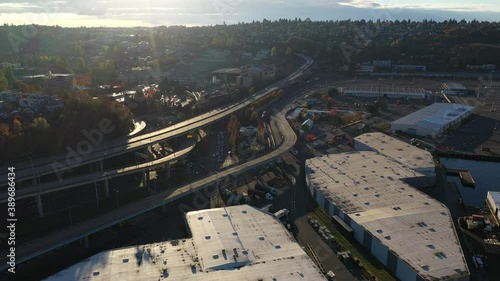 Aerial / drone footage of West Seattle, the West Seattle bridge, Harbor Island, Duwamish Waterway, Seattle Harbor terminals, warehouses, Elliott Bay in Seattle, King County, Washington photo