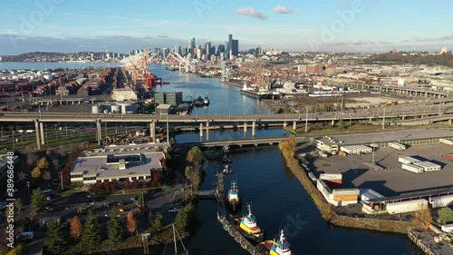 Aerial / drone footage of West Seattle, the West Seattle bridge, Harbor Island, Duwamish Waterway, Seattle Harbor terminals, Elliott Bay in Seattle, King County, Washington photo