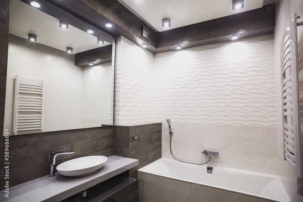 Modern bathroom in white and gray tones with mosaic on wide angle view Modern bathroom in white and gray tones with mosaic on wide angle view