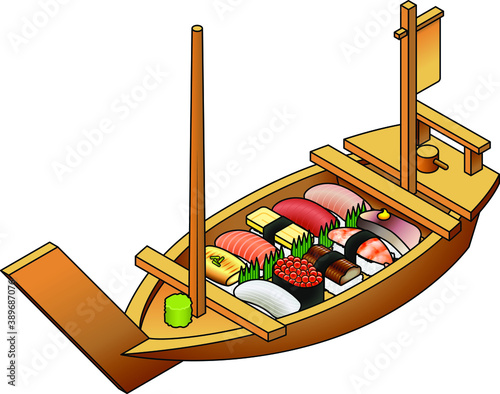 A selection of sushi in a wooden boat platter.