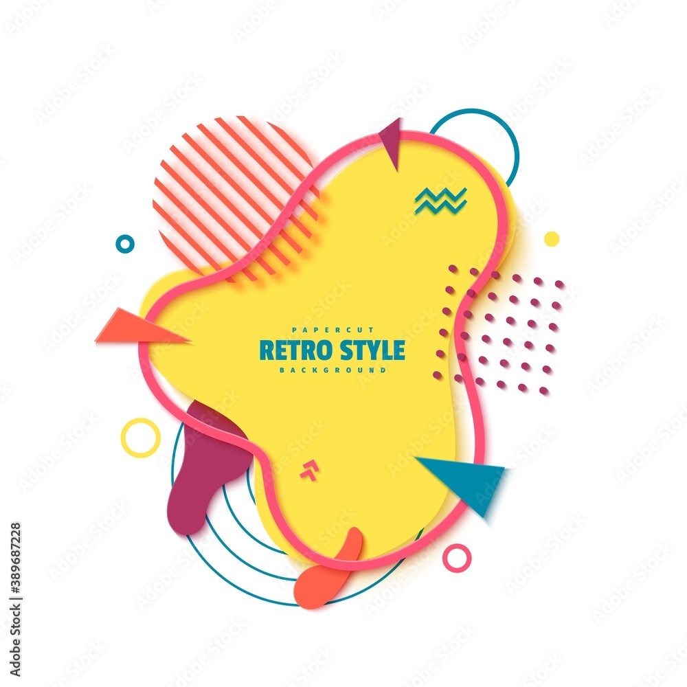 Abstract geometric shapes in cut paper style. Creative flyer Memphis 80s 90s retro element layered bubbles cut out of cardboard. Modern vector banner template with liquid color wavy splash.