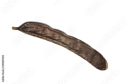 One dry carob pod isolated on white background.