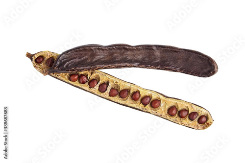 Dried carob pod with seeds isolated on white background.