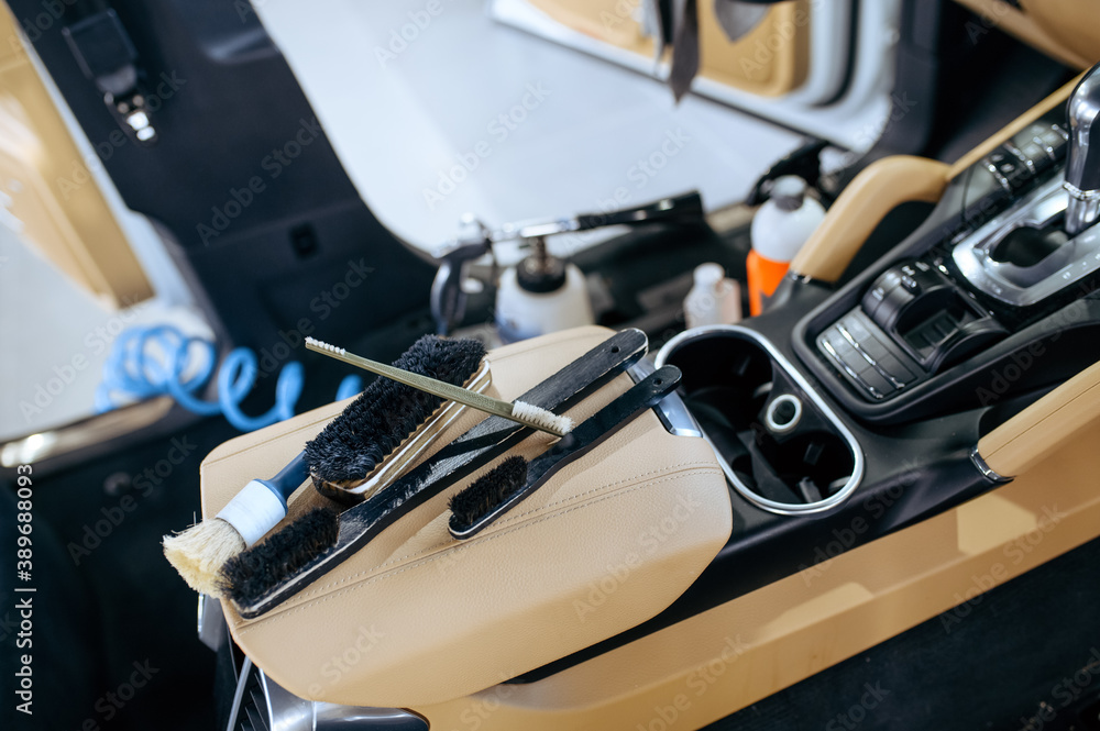 Car interior and brushes for detailing, nobody Car interior and brushes for detailing, nobody