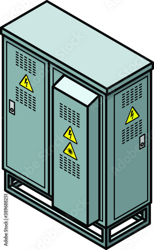 A roadside municipal telecommunications node cabinet with high voltage and laser radiation warning stickers.