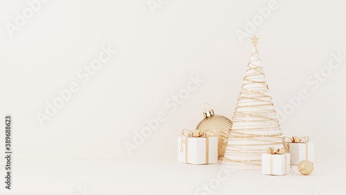 Christmas studio interior with gold platform, toys. Stand, podium, pedestal for goods, shop windows and magazines.New Year greeting card, poster, banner with red gift boxes, presents - 3D, render. 