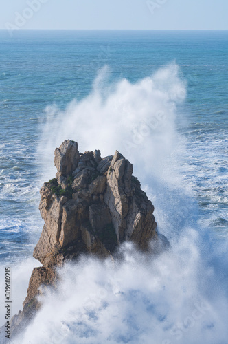 Swell in the Cantabrian Sea. Big waves in the so-called "Puerta del Cantabrico" on the cliffs of Liencres. Municipality of Piélagos in the Autonomous Community of Cantabria, Spain, Europe