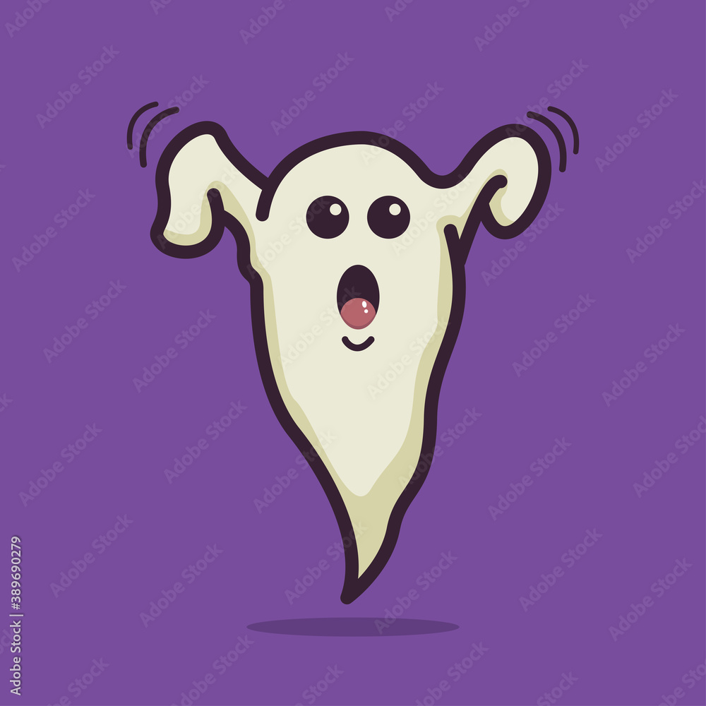 Illustration vector graphic of creepy ghost. Purple background. Fit for halloween greeting card and trick or treat party invitation design.