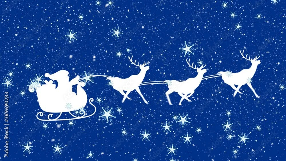 Animation of white silhouette of santa claus in sleigh being pulled by reindeer with snow falling on Animation of white silhouette of santa claus in sleigh being pulled by reindeer with snow falling on
