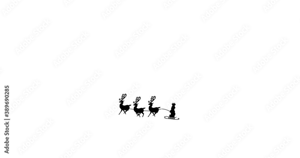 Animation of black silhouette of santa claus in sleigh being pulled by reindeer on white background Animation of black silhouette of santa claus in sleigh being pulled by reindeer on white background