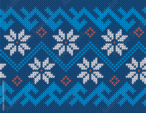 Knit seamless print. Christmas pattern. Vector. Blue knitted sweater texture. Xmas winter geometric background. Holiday fair isle traditional ornament. Festive crochet. Wool pullover illustration