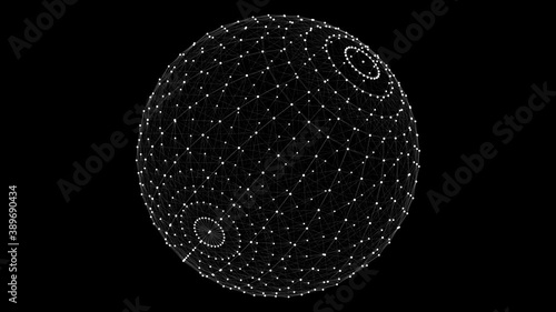 4k animated 3d wireframe sphere rotating on its axis on a black background.3d rendering