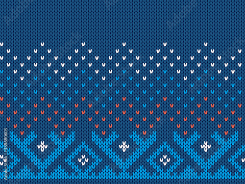 Blue knit print. Christmas seamless pattern. Vector. Knitted sweater ornament . Xmas winter geometric texture. Holiday fair isle traditional background. Festive crochet. Wool pullover illustration