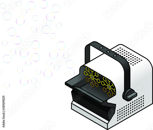 A commercial soap bubble making machine with an adjustable mounting bracket; blowing bubbles towards the left side of the image.