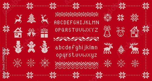 Knit font and Christmas elements. Vector. Seamless knitted pattern. Fairisle ornaments with type, snowflake, deer, bell, tree, snowman, gift box. Sweater print. Red texture. Xmas illustration.