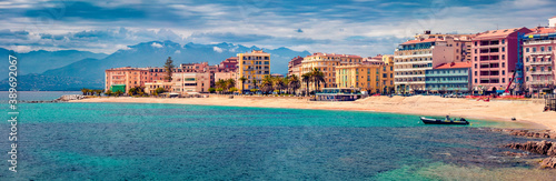 Panoramic summer cityscape of Ajaccio town. Breathtaking morning scene of Corsica island, France, Europe. Amazing Mediterranean seascape. Traveling concept background.