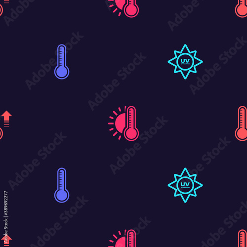 Set UV protection, Meteorology thermometer, Thermometer with sun and on seamless pattern. Vector.