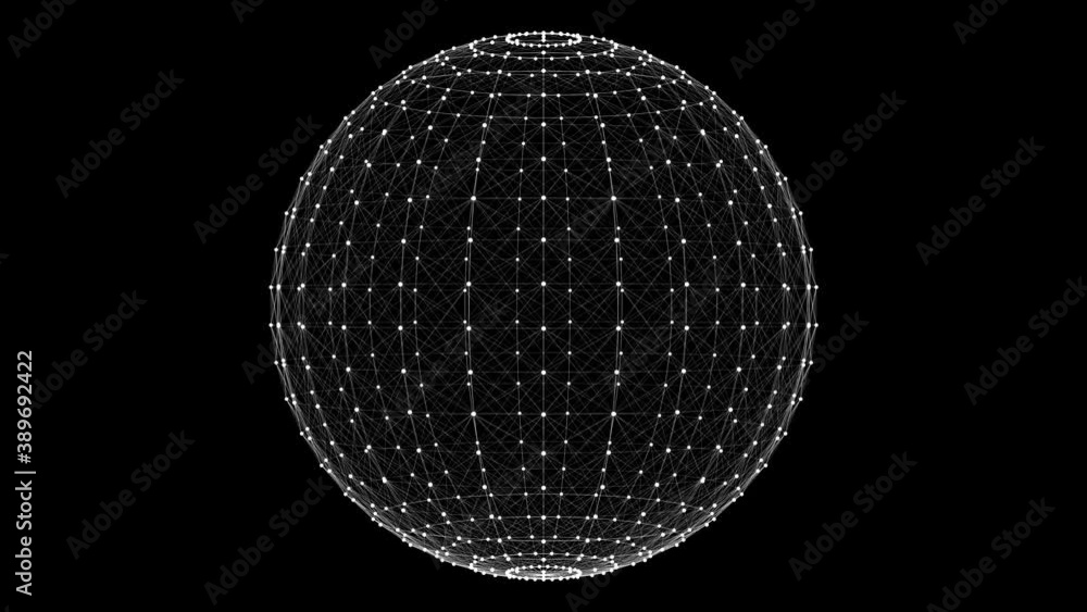 4k animated 3d wireframe sphere rotating on its axis on a black background.3d rendering