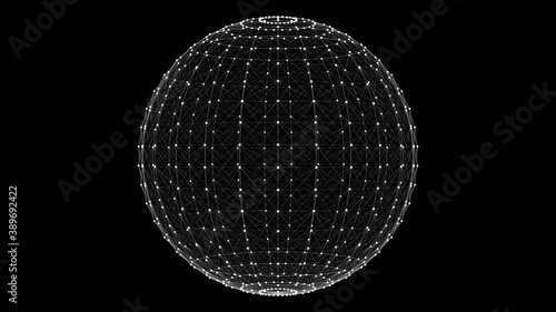 4k animated 3d wireframe sphere rotating on its axis on a black background.3d rendering
