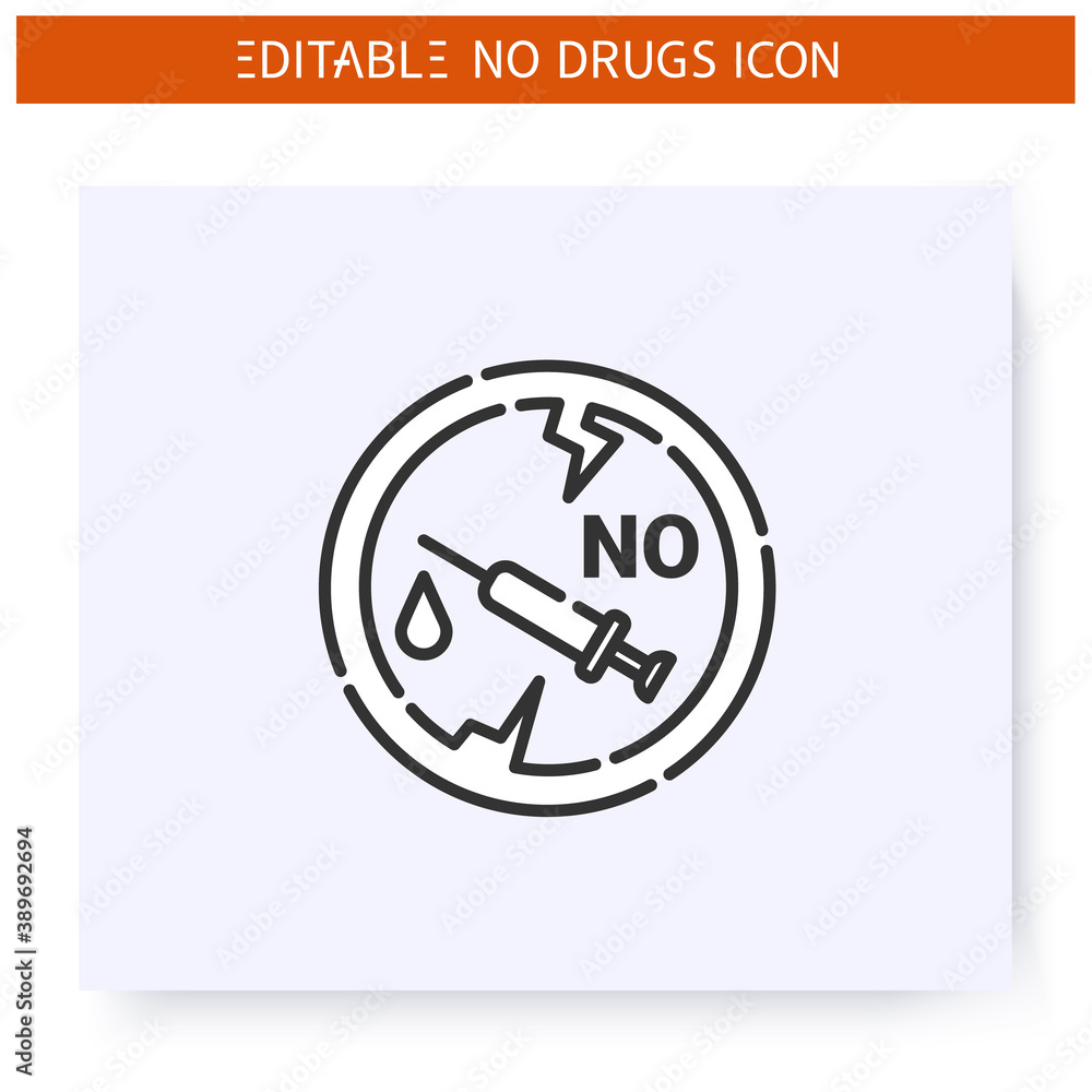 No heroin line icon. International day against drug abuse. Forbidden sign with heroin injection syringe. Drugs icon in prohibition red circle. Isolated vector illustration. Editable stroke No heroin line icon. International day against drug abuse. Forbidden sign with heroin injection syringe. Drugs icon in prohibition red circle. Isolated vector illustration. Editable stroke