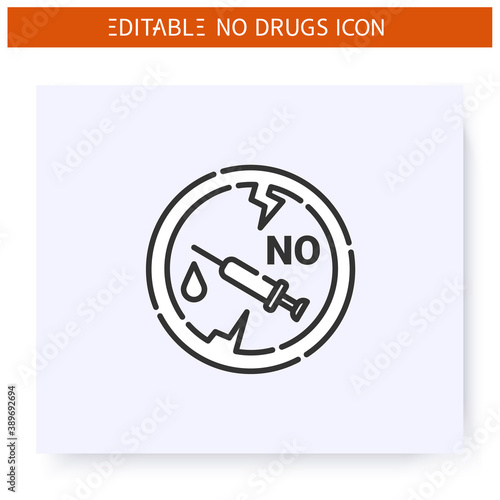 No heroin line icon. International day against drug abuse. Forbidden sign with heroin injection syringe. Drugs icon in prohibition red circle. Isolated vector illustration. Editable stroke 