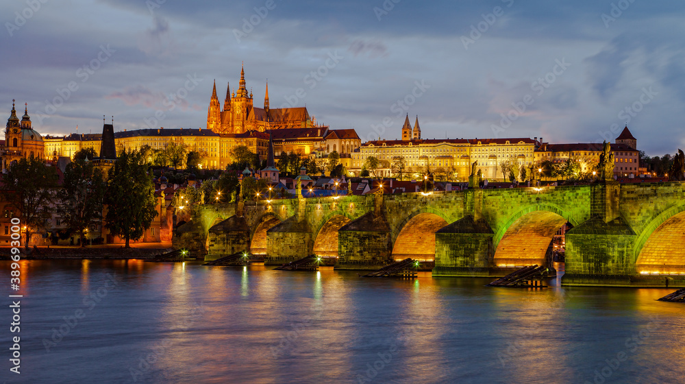 Prague Castle and Charles Bridge at blue hour