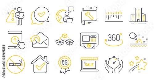 Set of Business icons, such as Send mail, No smoking, Spanner symbols. Swipe up, Approved, Sale signs. Skin moisture, Buildings, Parcel shipping. Column diagram, 5g technology, Atm. Timer. Vector