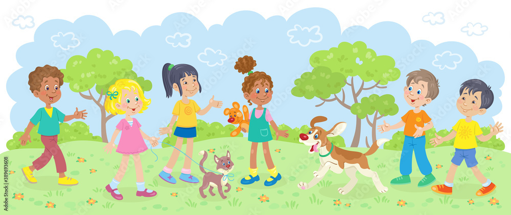 Happy children of different nationalities walk in the summer park with their pets. In cartoon style. Isolated on white background. Vector flat illustration. Happy children of different nationalities walk in the summer park with their pets. In cartoon style. Isolated on white background. Vector flat illustration.