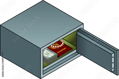 An opened hotel safe showing its contents - a bundle of bank notes, a passport, and a pearl bracelet.