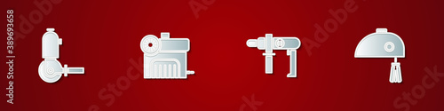 Set Angle grinder, Air compressor, Electric drill machine and mixer icon. Vector.
