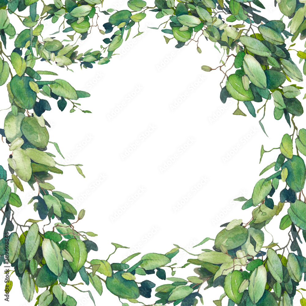 Square greenery frame. Isolated floral ornate on white background