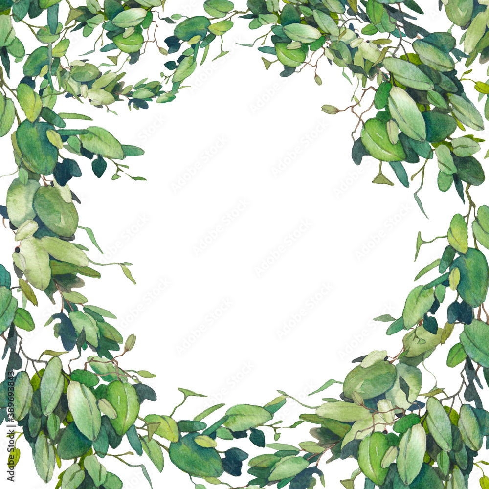 Fototapeta premium Square greenery frame. Isolated floral ornate on white background