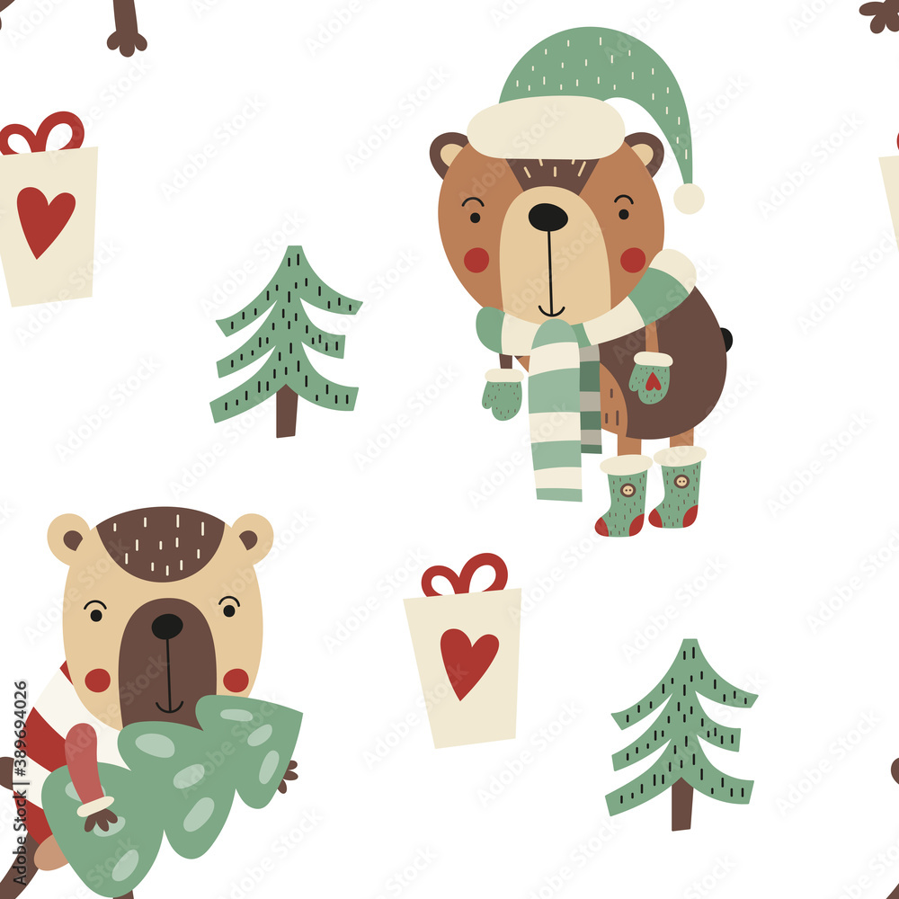 Seamless pattern for Christmas design in Scandinavian style. Christmas animals - cute winter bears. Vector illustration for packaging. Pattern is cut, no clipping mask.