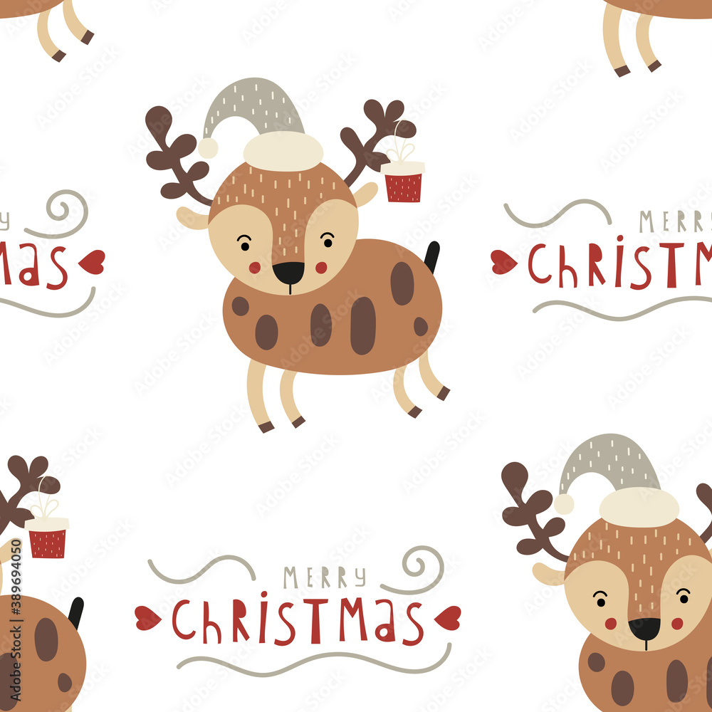 Seamless pattern for Christmas design in Scandinavian style. Christmas animals - deer, reindeer. Vector illustration for packaging. Pattern is cut, no clipping mask. Seamless pattern for Christmas design in Scandinavian style. Christmas animals - deer, reindeer. Vector illustration for packaging. Pattern is cut, no clipping mask.