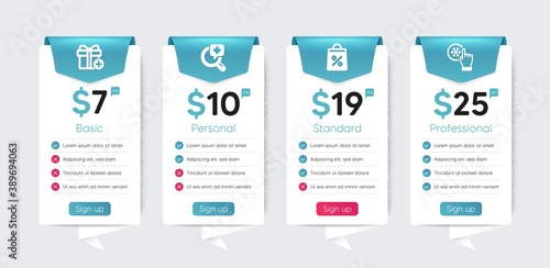 Included icon as Medical analyzes, Shopping bag, Add gift signs. Price table template, business plan chart. Flat icons set. Freezing click flat icons. Vector