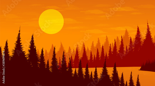 Vector Pine Forest with River landscape background foggy and mist concept design.