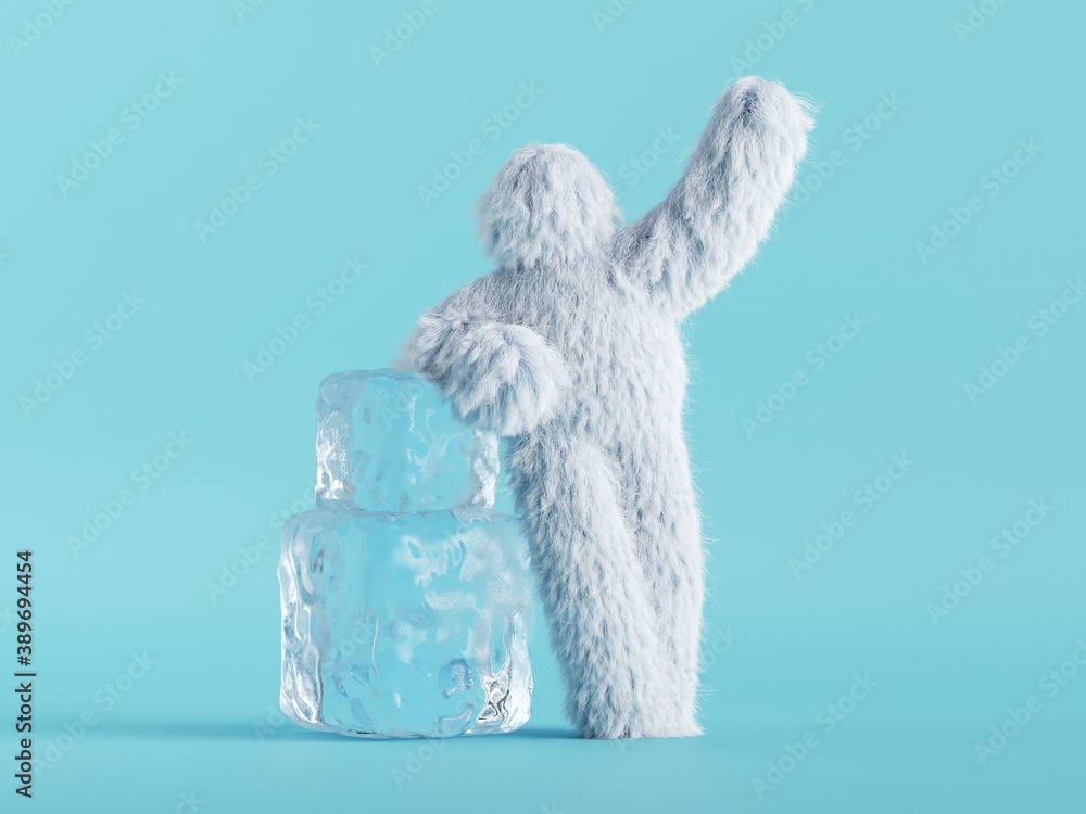 3d render, white hairy yeti stands near big ice cubes, bigfoot cartoon character. Winter clip art isolated on mint blue background - obrazy, fototapety, plakaty 