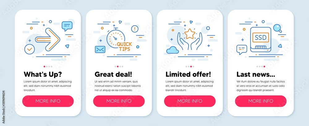 Set of Business icons, such as Ranking, Quick tips, Next symbols. Mobile screen app banners. Ssd line icons. Hold star, Helpful tricks, Forward. Memory disk. Ranking icons. Vector